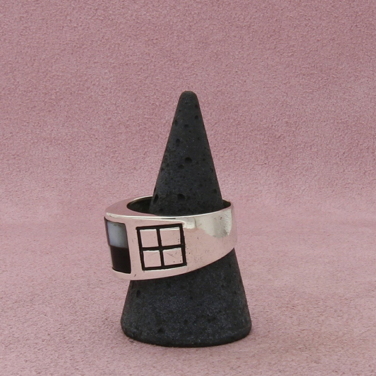 sterling silver mens vintage onyx mother-of-pearl checkerboard ring size 10.75