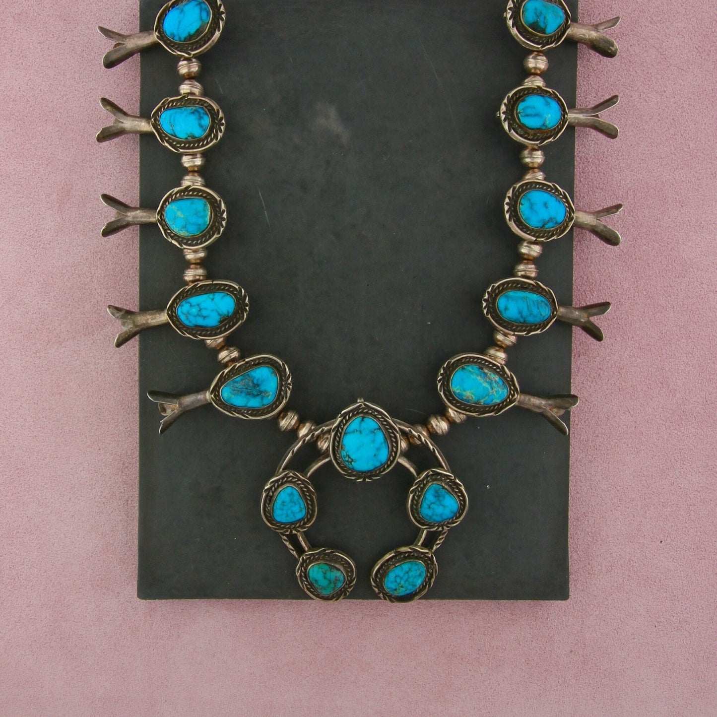 navajo sterling silver vintage turquoise squash blossom as-is necklace 25in