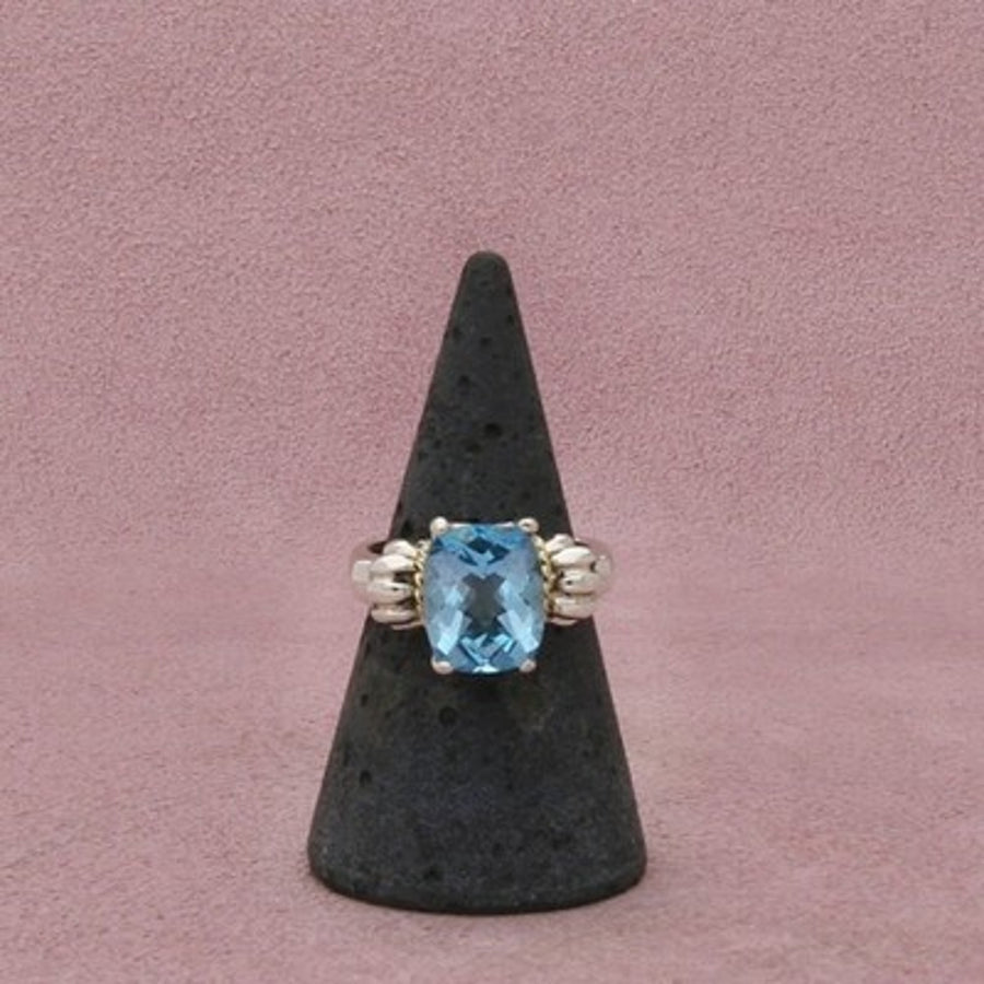 Sterling Silver & 18K Gold Faceted Blue Topaz Rope Accents Ring Size 7