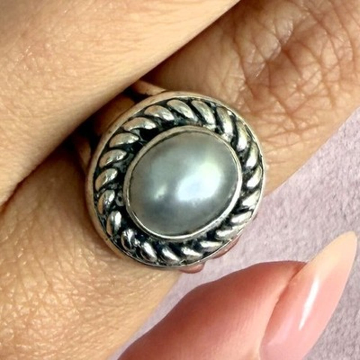 Sterling Silver Braided Grey Pearl Ring Size 7