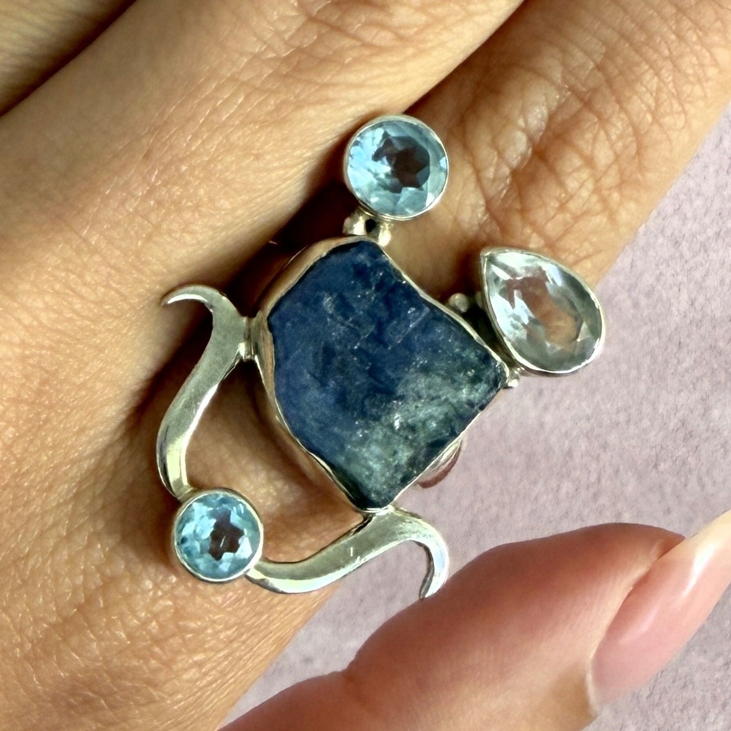 sterling silver elongated topaz & aquamarine ring size 7.5