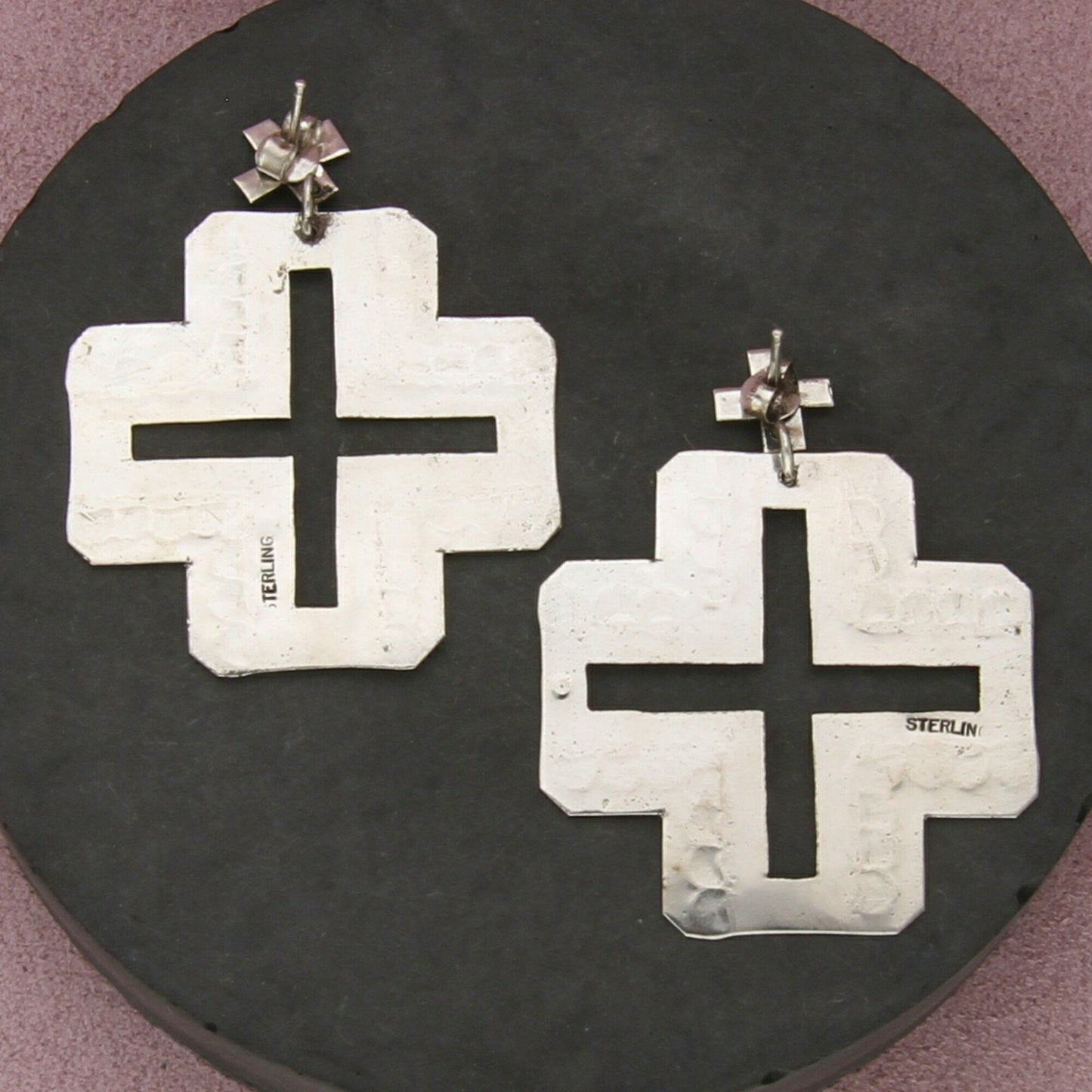 navajo sterling silver vintage large stamped cross dangle post earrings