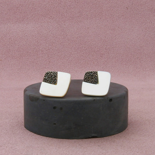 sterling silver marcasite studded mother of pearl post earrings