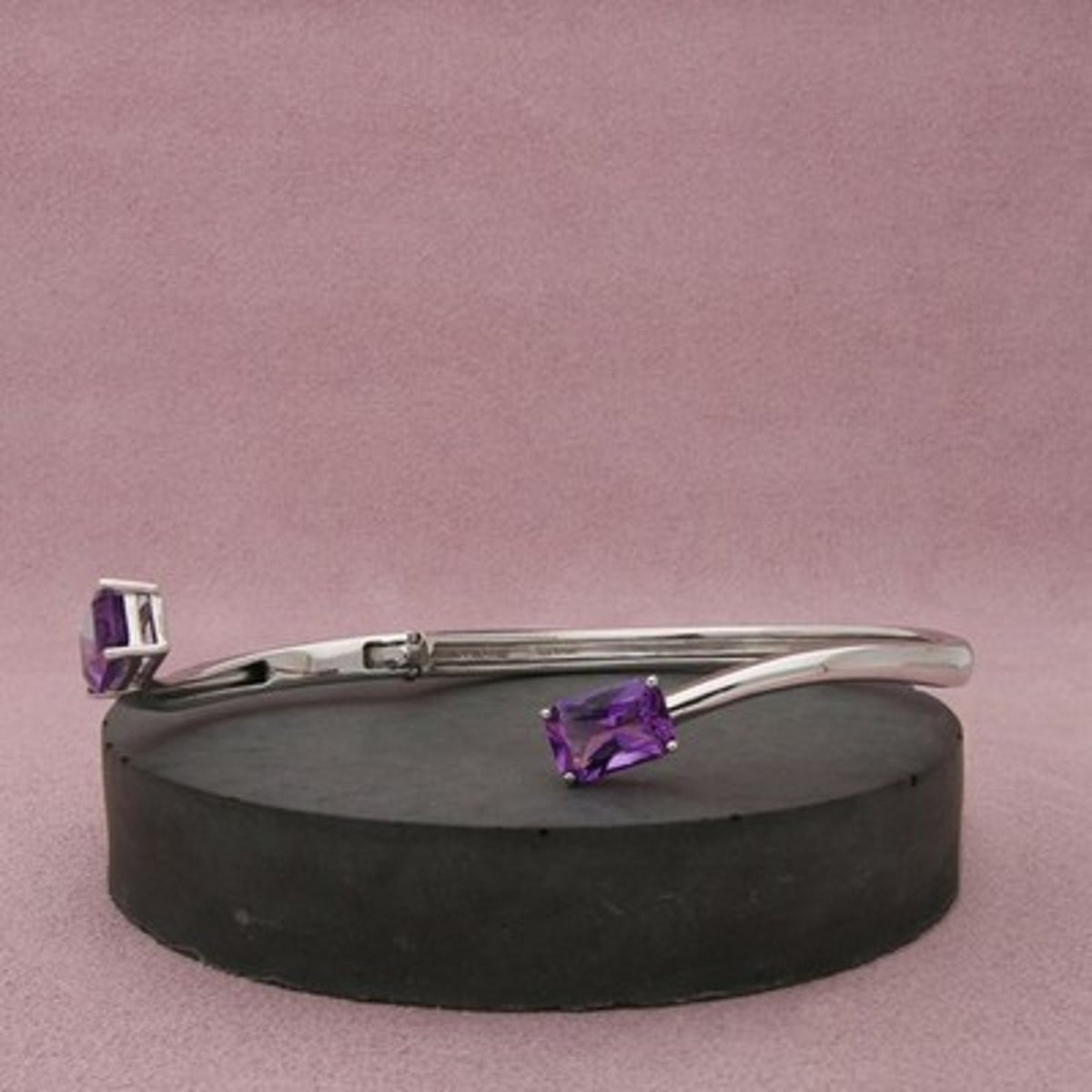 Michelle Albala Sterling Silver Amethyst Hinged Duo Bangle Bracelet Size 6.5in