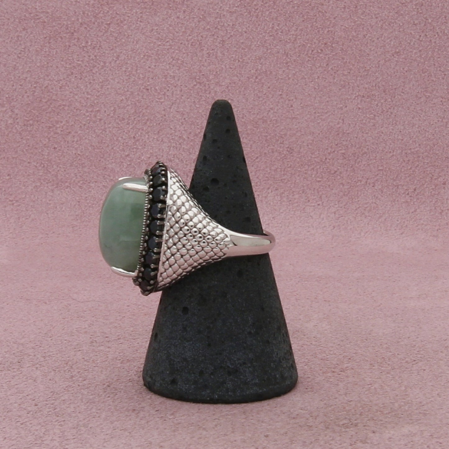 sterling silver jade & black tourmaline halo ring size 6