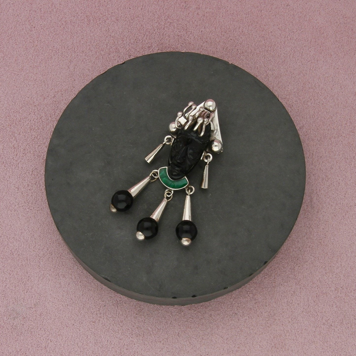 taxco mexico sterling silver vintage onyx malachite mayan mask pendant brooch