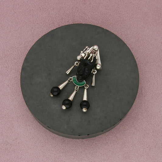 taxco mexico sterling silver vintage onyx malachite mayan mask pendant brooch