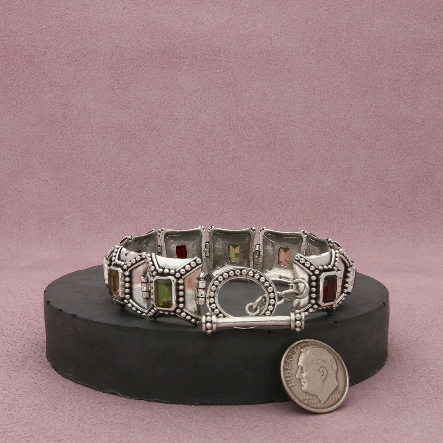sterling silver garnet amethyst topaz peridot toggle bracelet size 6.75in