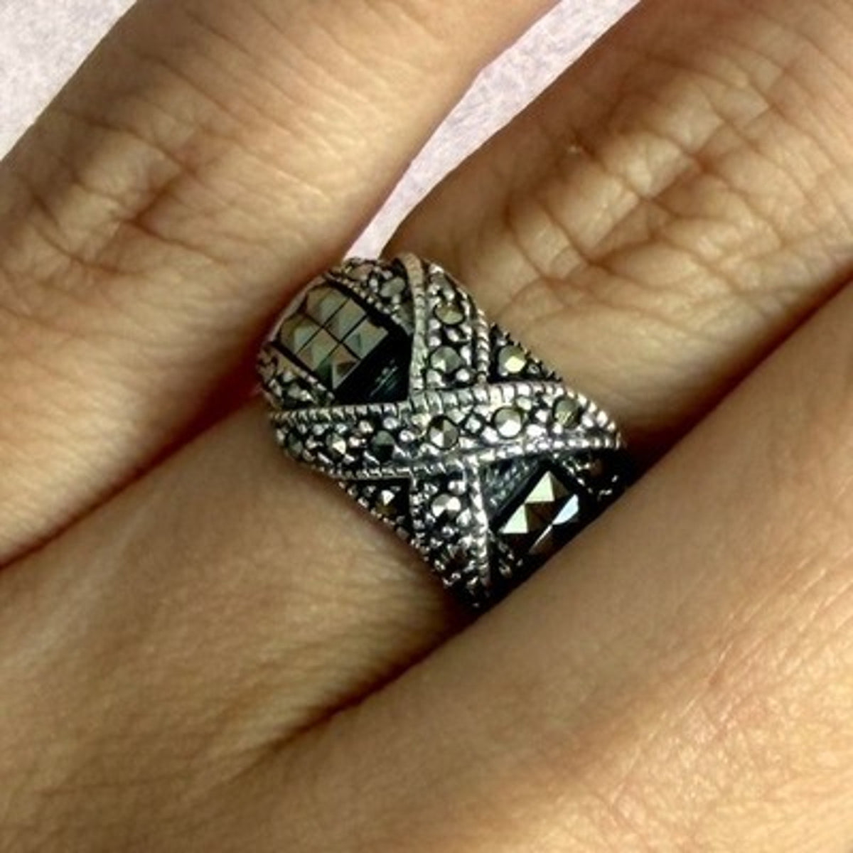 Sterling Silver Marcasite Studded X Dome Ring Size 5.5
