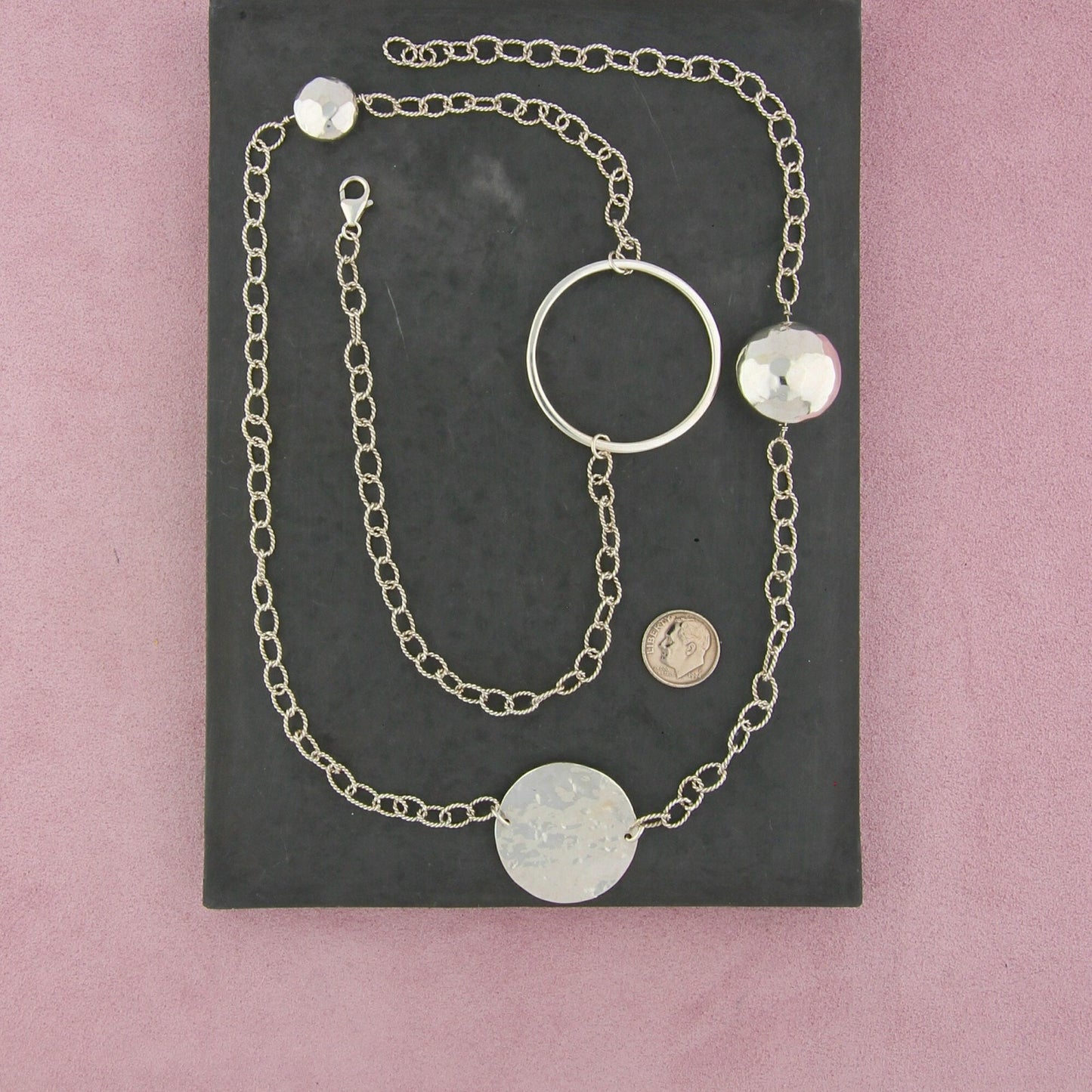 sterling silver hammered bead & disc layering necklace size 36in