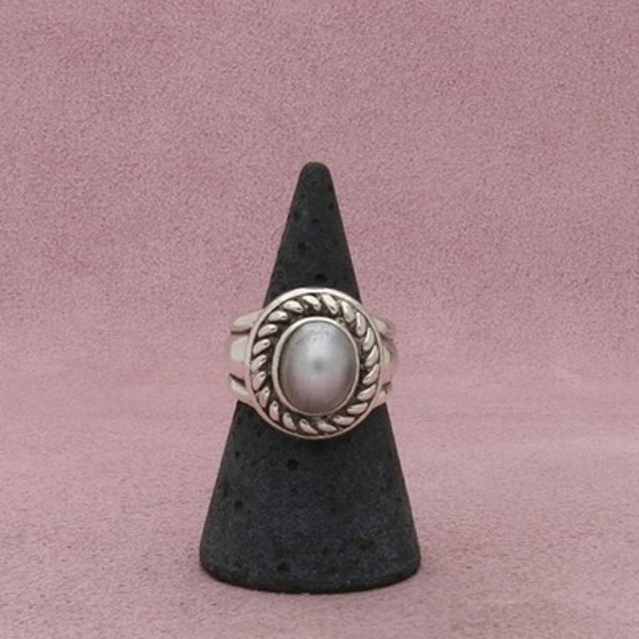 Sterling Silver Braided Grey Pearl Ring Size 7
