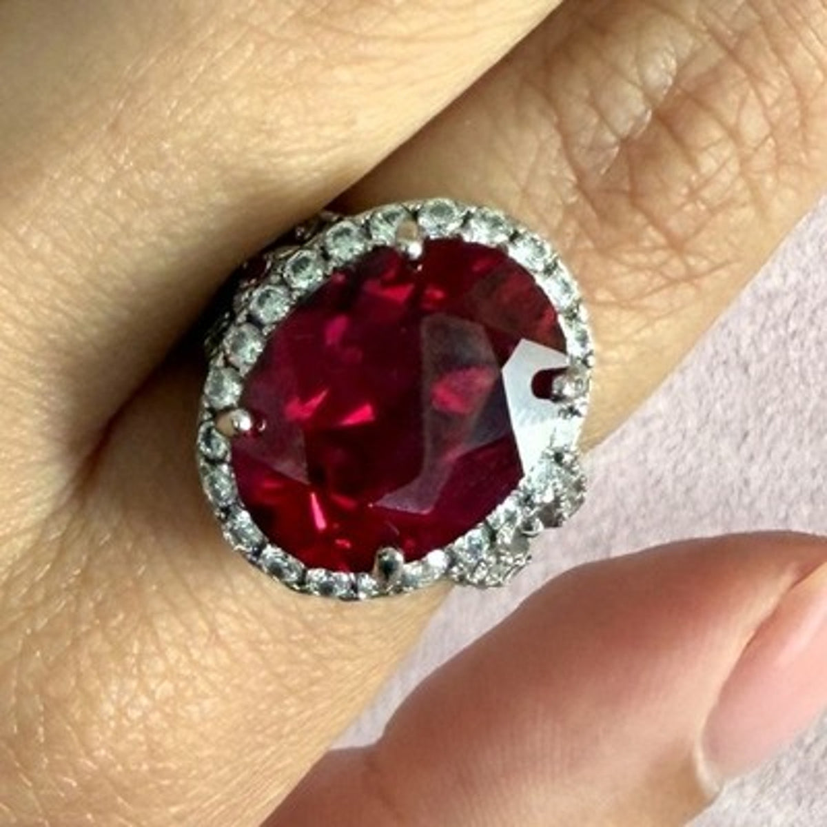 Sterling Silver Oval-Cut Ruby & Cz Halo Cocktail Ring Size 6.5