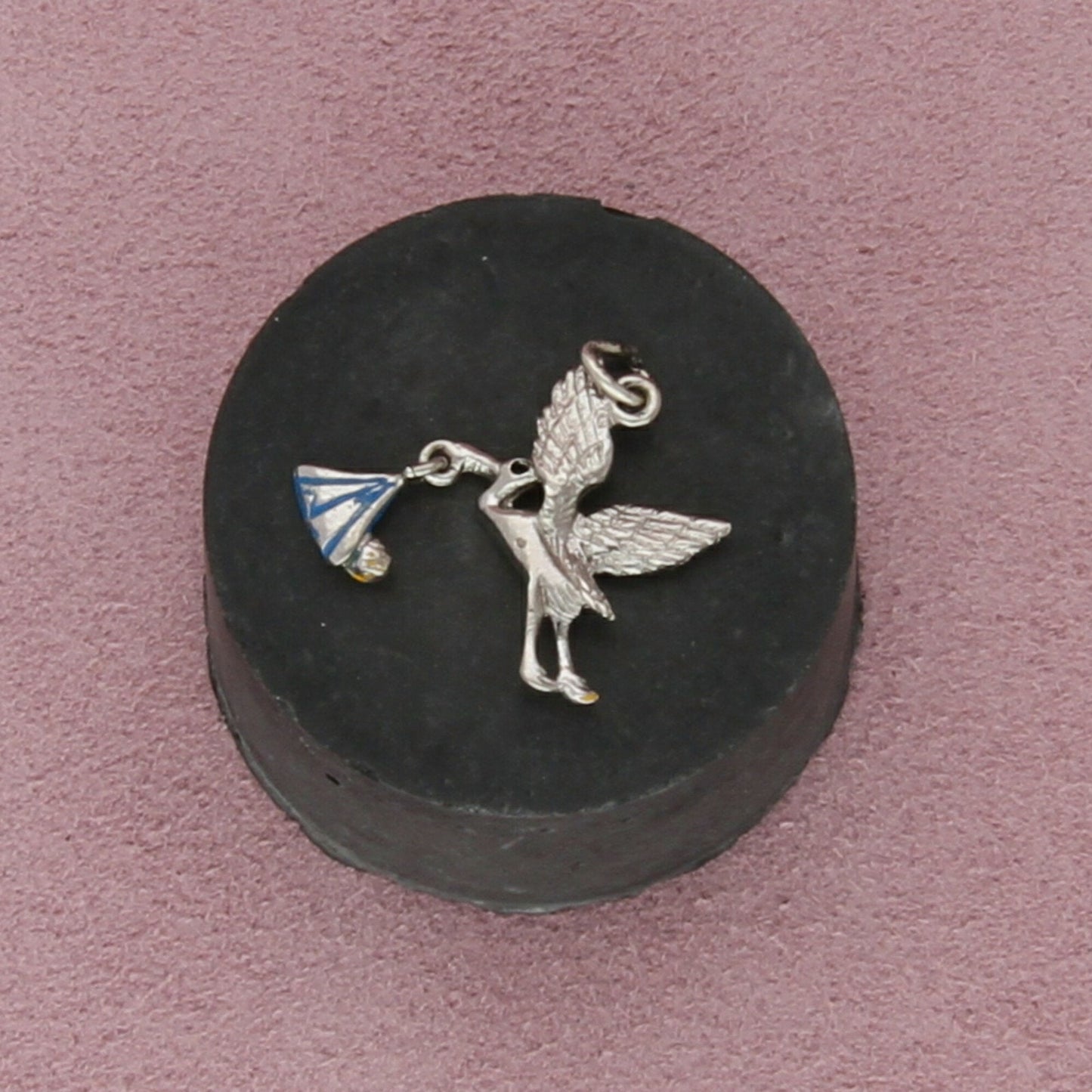 sterling silver vintage blue enamel stork & baby charm pendant