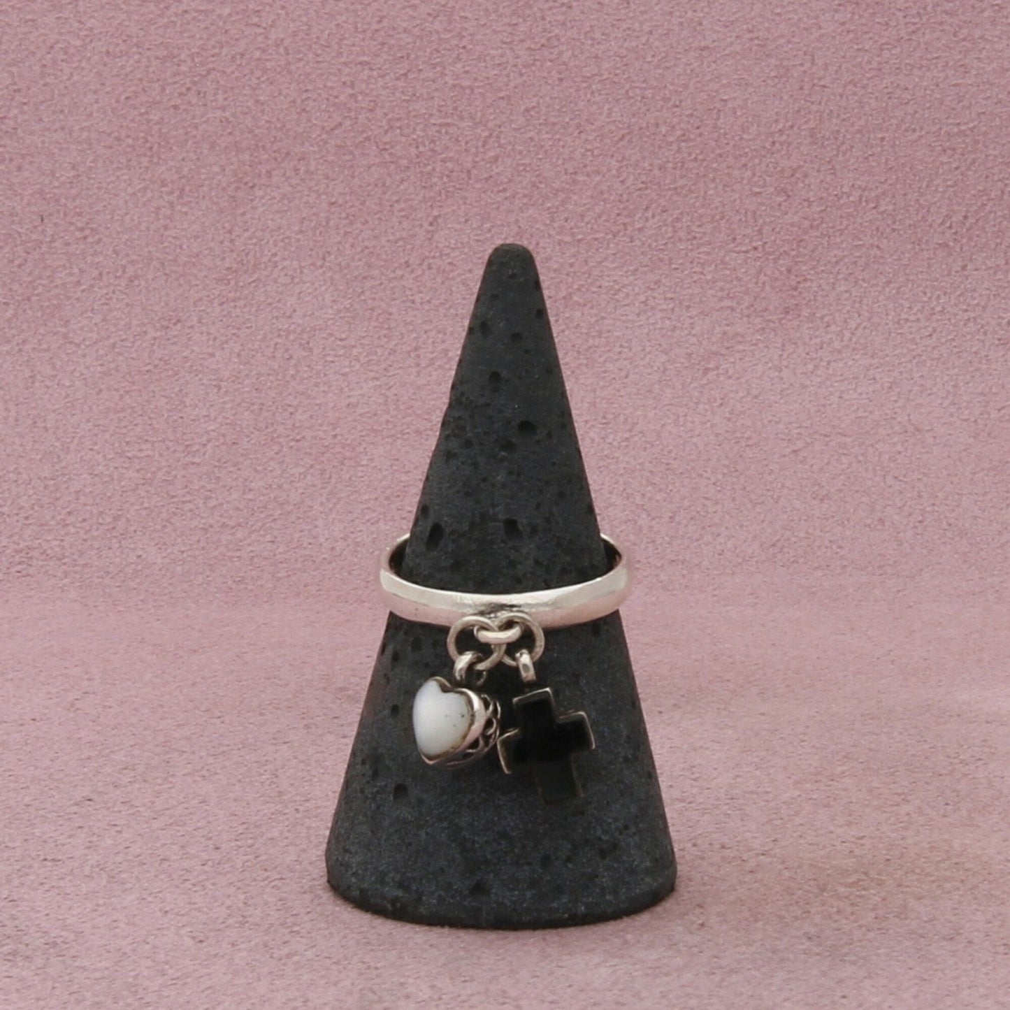 sterling silver onyx cross & mop heart charm ring size 6.75