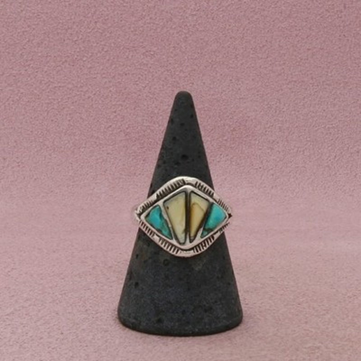 Navajo Sterling Silver Vintage Turquoise Mother-of-Pearl Inlay Ring Size 8.75
