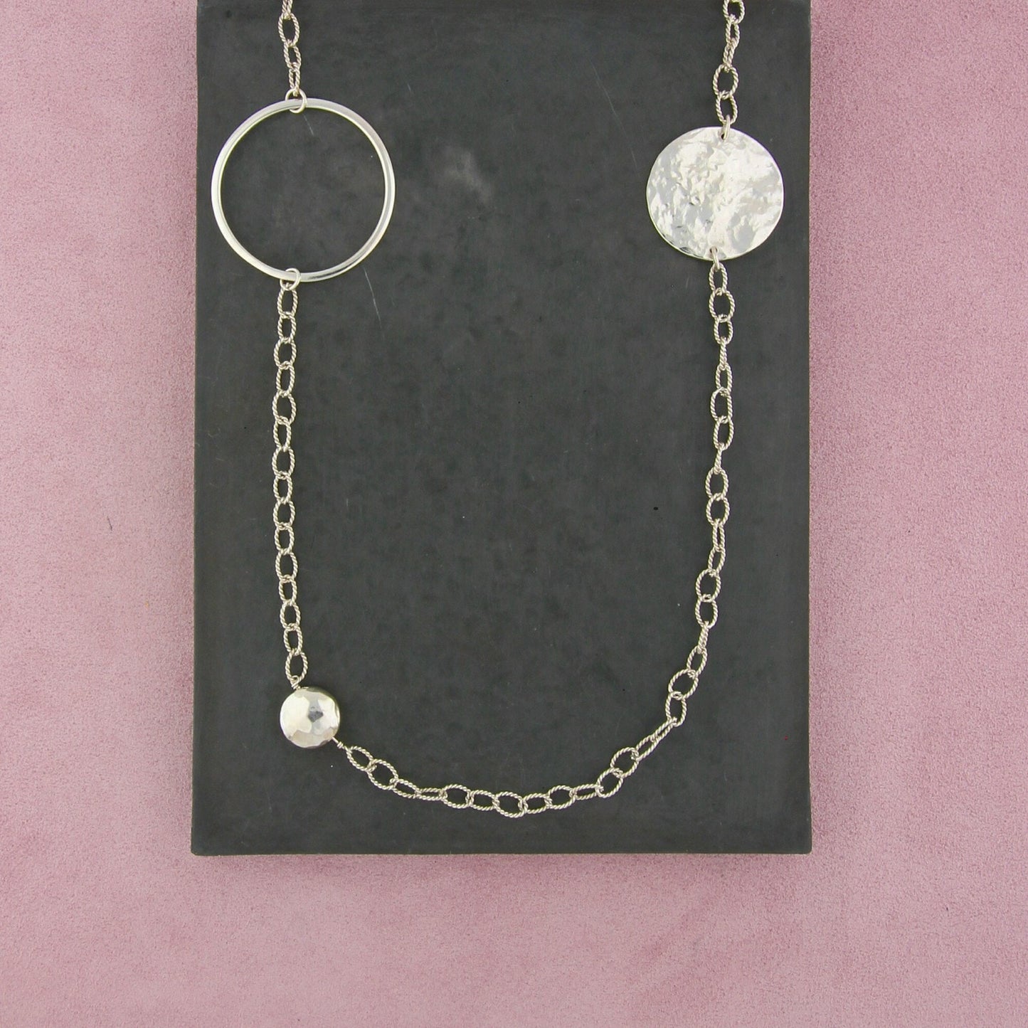 sterling silver hammered bead & disc layering necklace size 36in