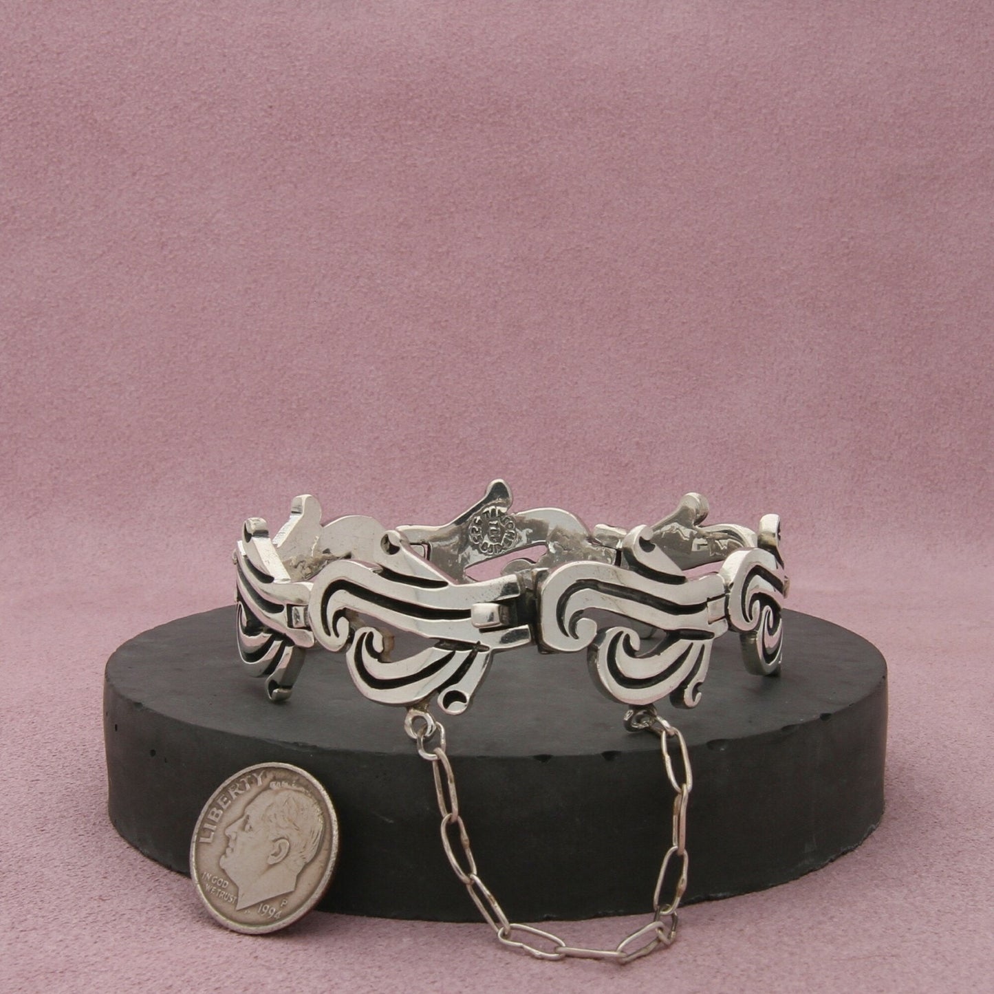 taxco mexico sterling silver vintage scrolled link bracelet size 7in