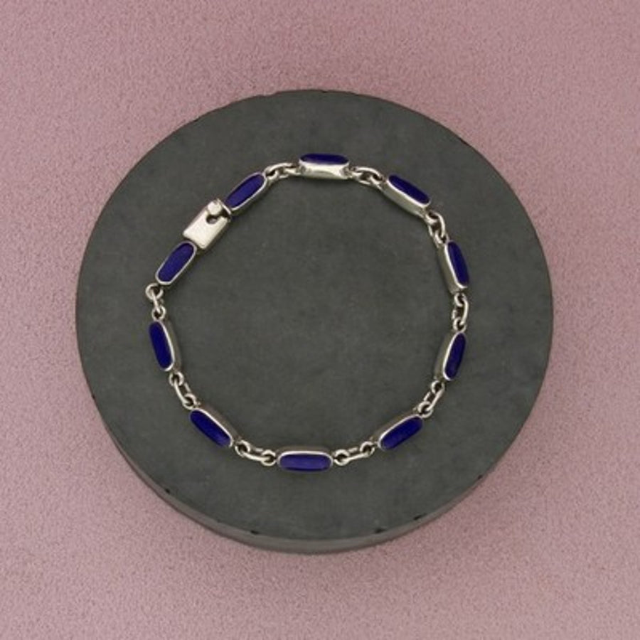 Taxco Mexico Sterling Silver Vintage Oval Blue Lapis Link Bracelet Size 7.25in