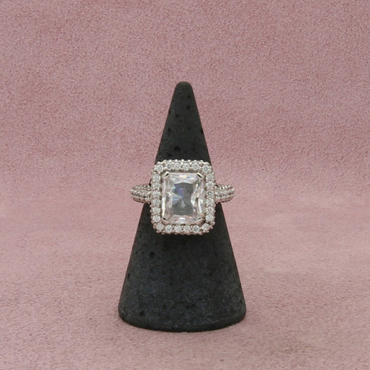 sterling silver emeerald-cut cz & halo engagement ring size 6