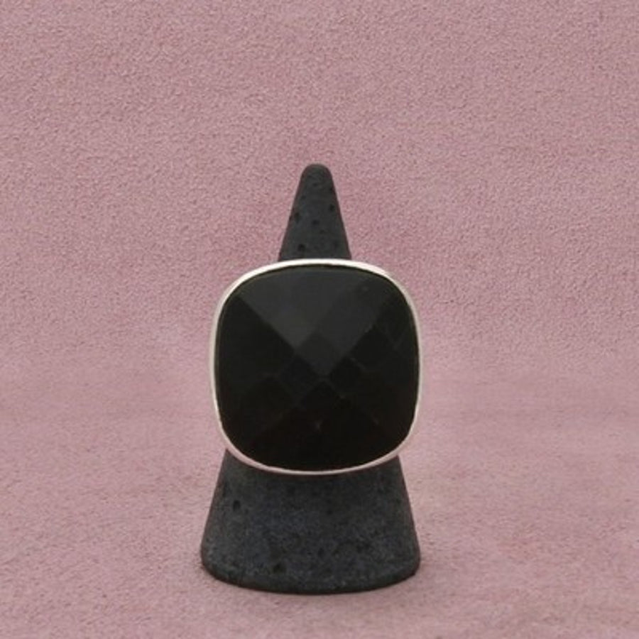 Sterling Silver Bezel-Set Faceted Black Onyx Dome Ring Size 7.75
