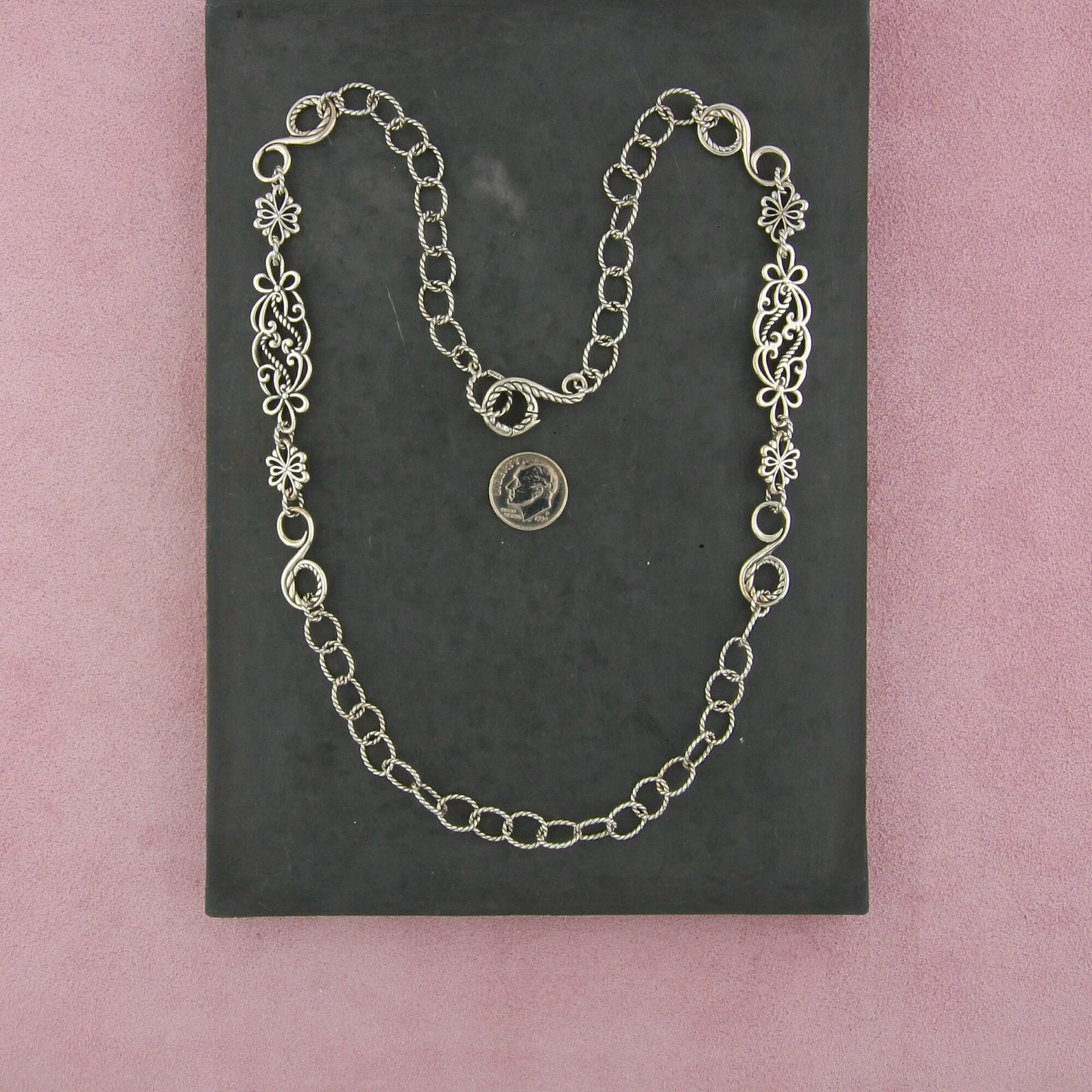 carolyn pollack sterling silver floral scroll layering chain necklace size 24in