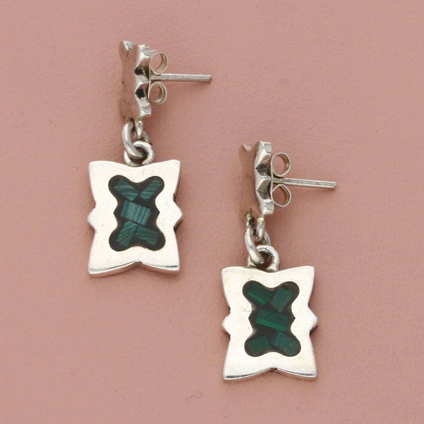 taxco mexico sterling silver vintage crushed malachite dangle earrings