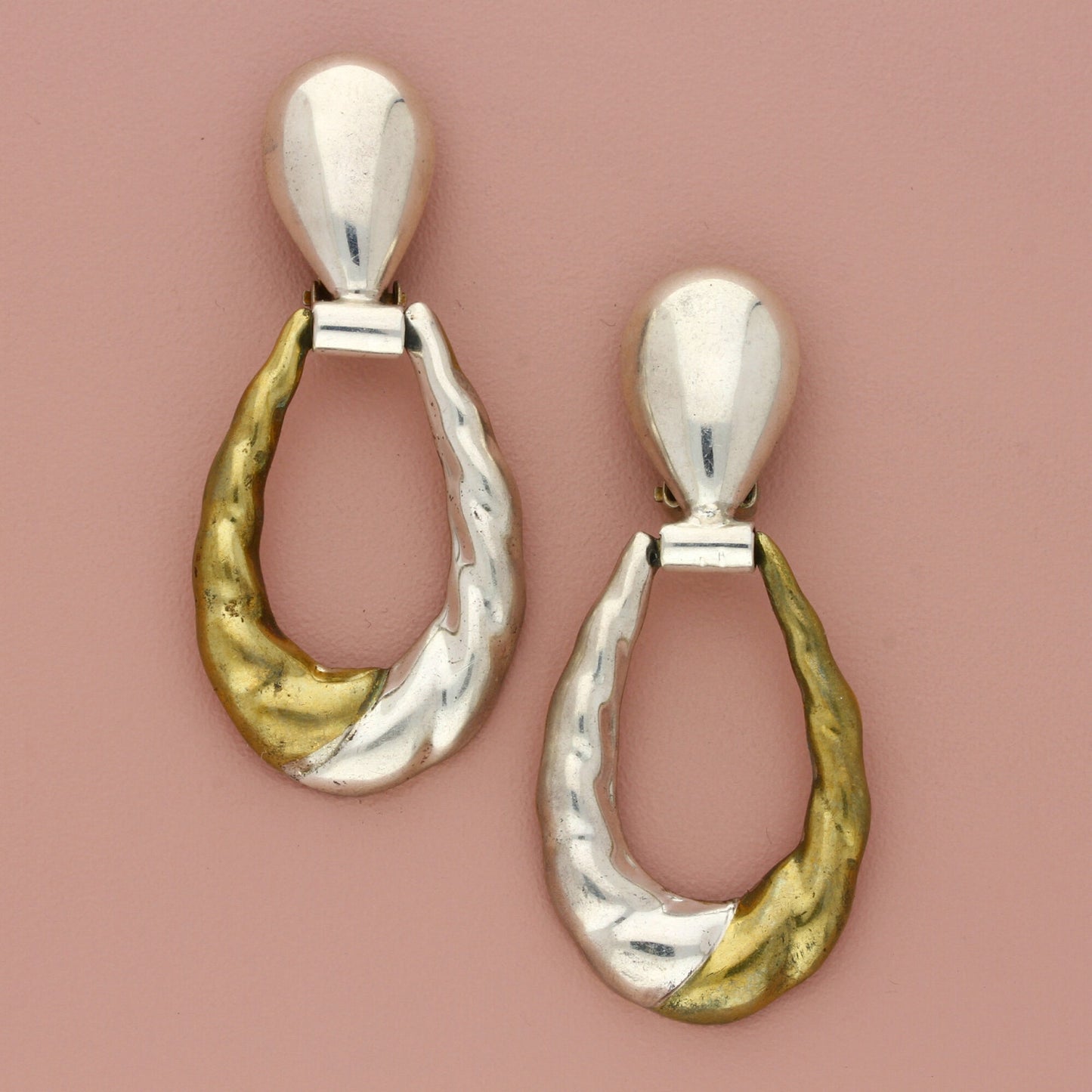 taxco mexico sterling silver & brass accent tear drop dangle clip-on earrings