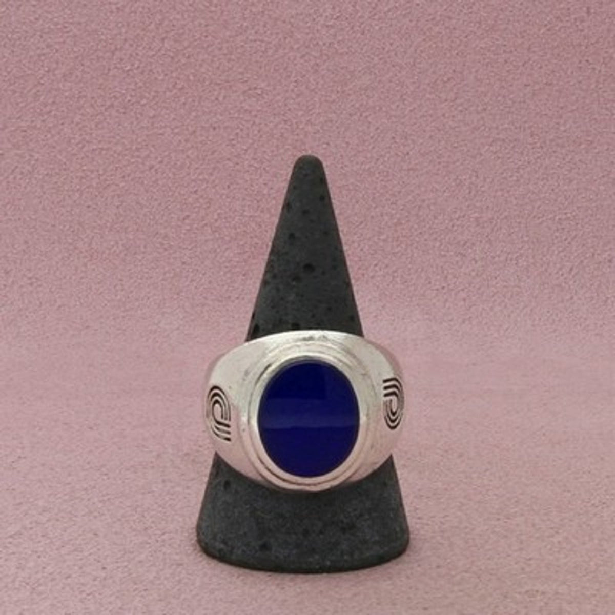 Sterling Silver Men's Signet Ring Blue Oval Center Size 12.25