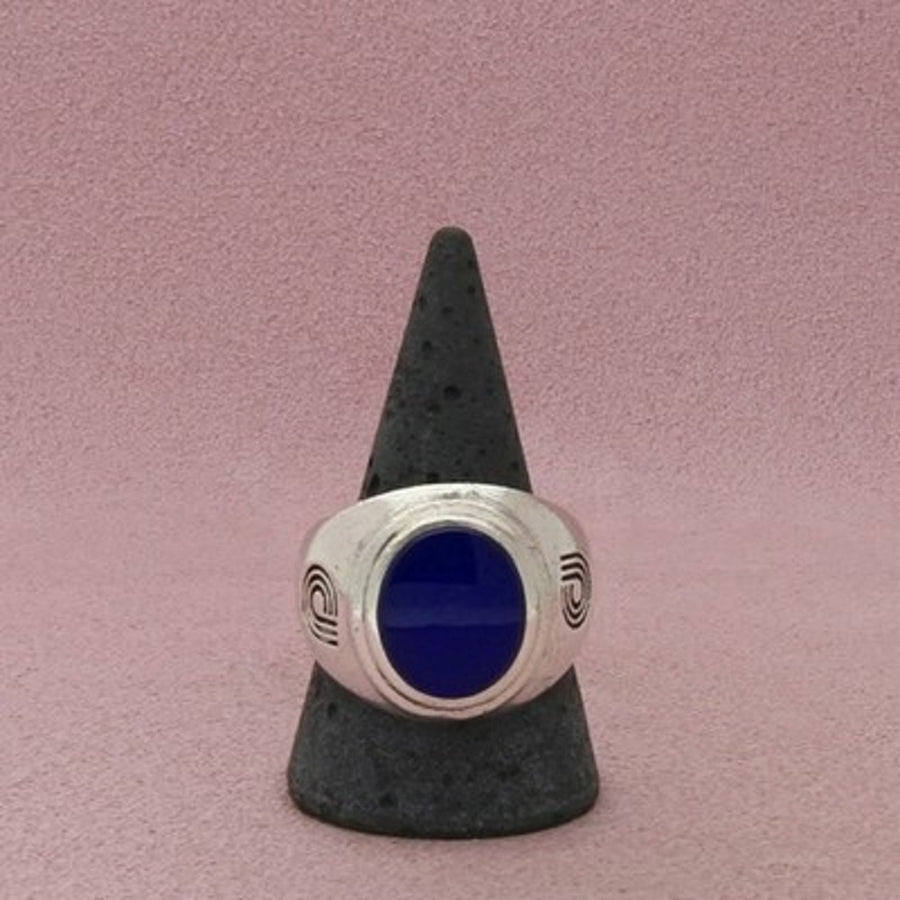 Sterling Silver Men's Signet Ring Blue Oval Center Size 12.25