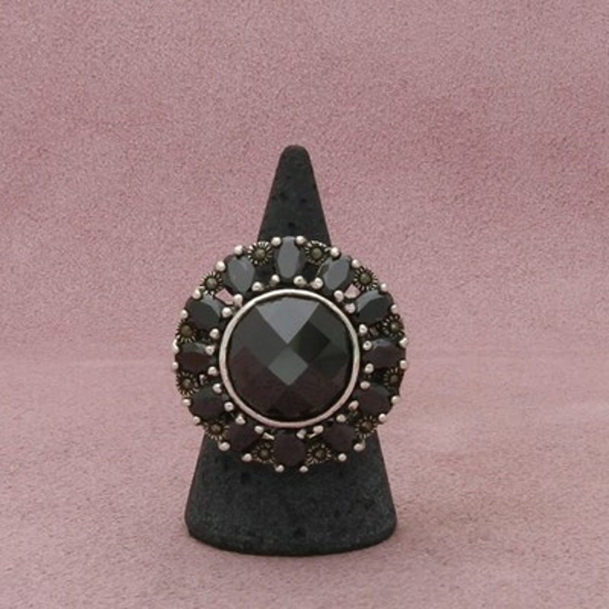 Sterling Silver Chunky Marcasite & Black Cz Cocktail Ring Size 8.5