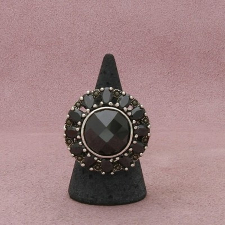 Sterling Silver Chunky Marcasite & Black Cz Cocktail Ring Size 8.5