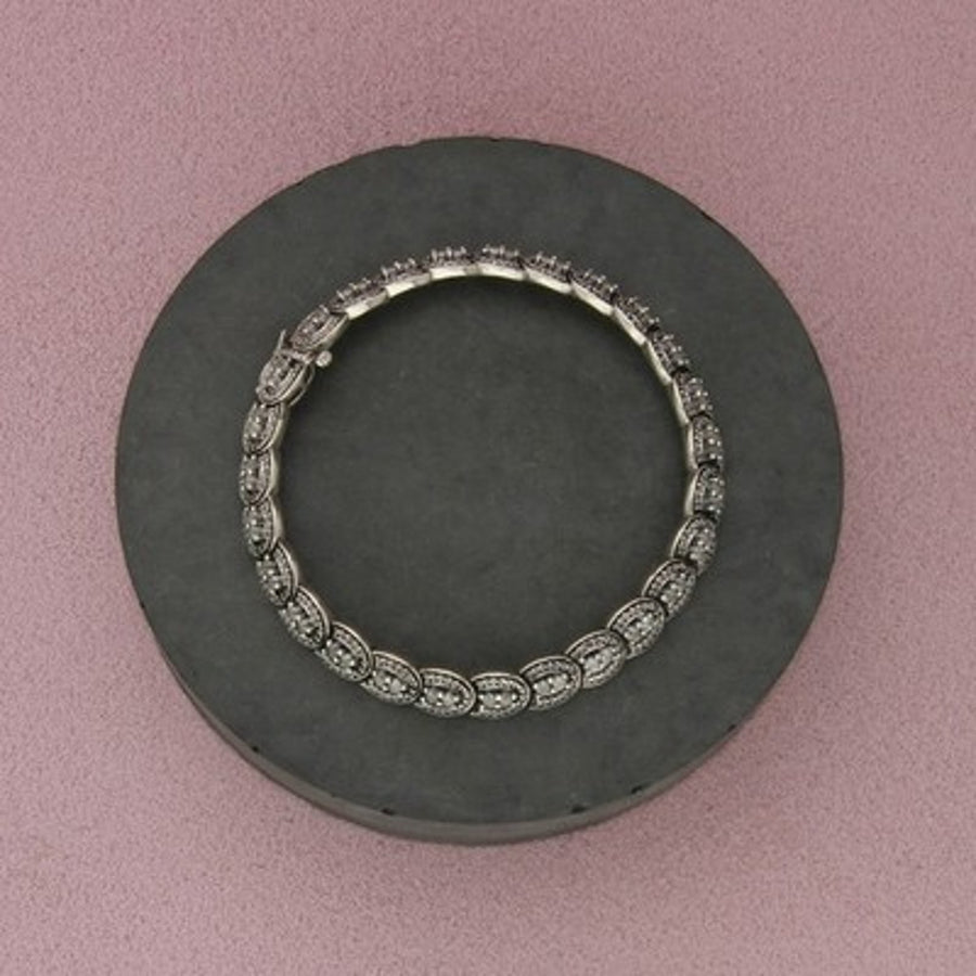 Sterling Silver Oval White Topaz Links Beaded Edge Tennis Bracelet Size 7in