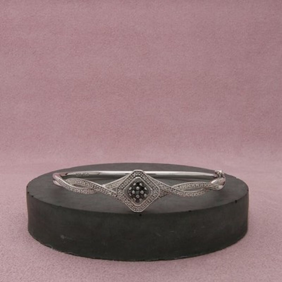 Kay Jewelers Sterling Silver Black & Clear Diamond Bangle Bracelet Size 7.25in