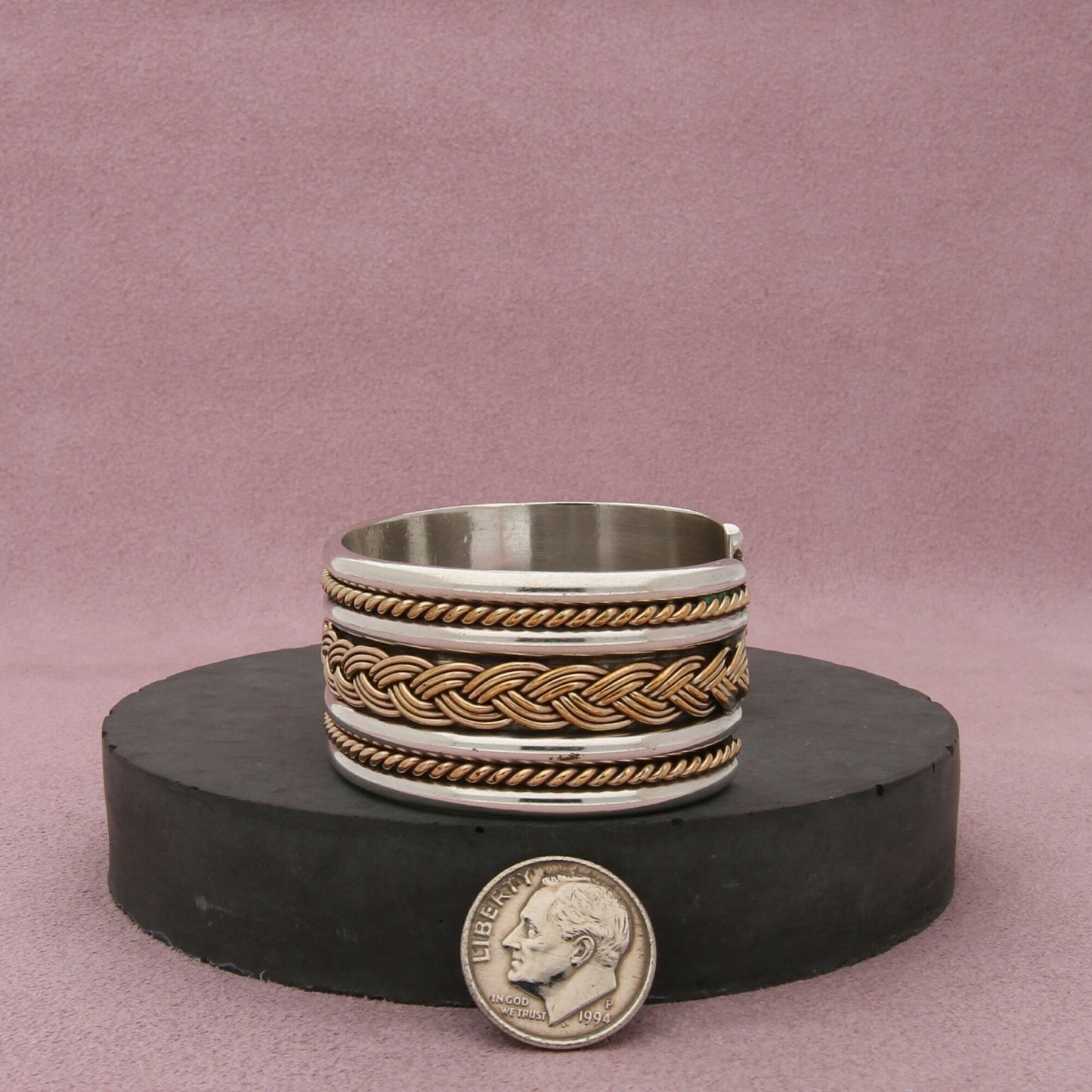 navajo sterling silver & 12k gold filled tahe braided cuff bracelet size 6.25in