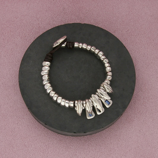uno de 50 silver plated blue crystal feathers leather bracelet size 7in