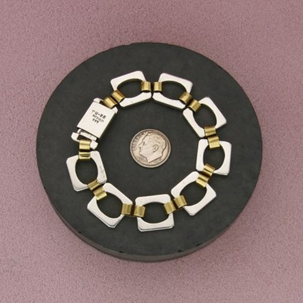 Taxco Mexico Sterling Silver Vintage Brass Accent Panel Bracelet Size 6.75in