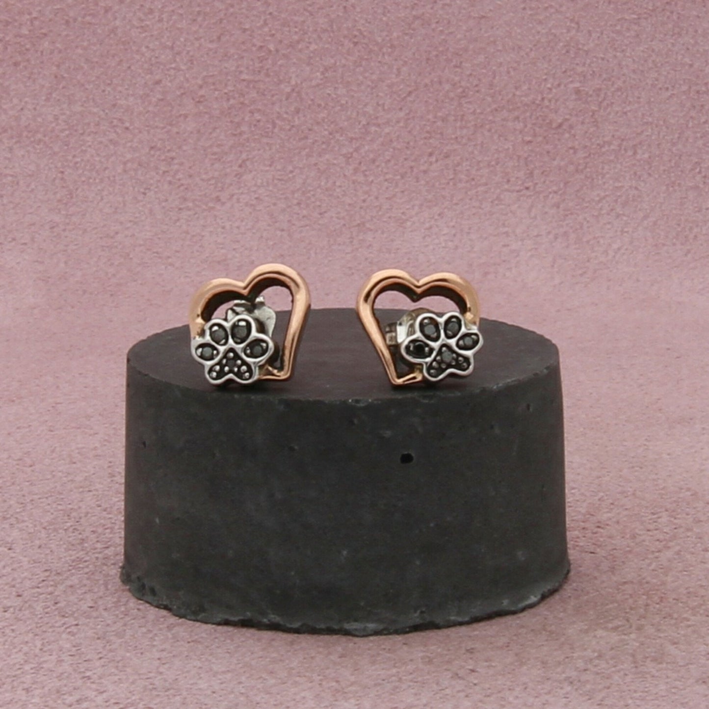 zales sterling silver & 10k gold black diamond dog paw heart stud earrings