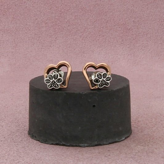 zales sterling silver & 10k gold black diamond dog paw heart stud earrings