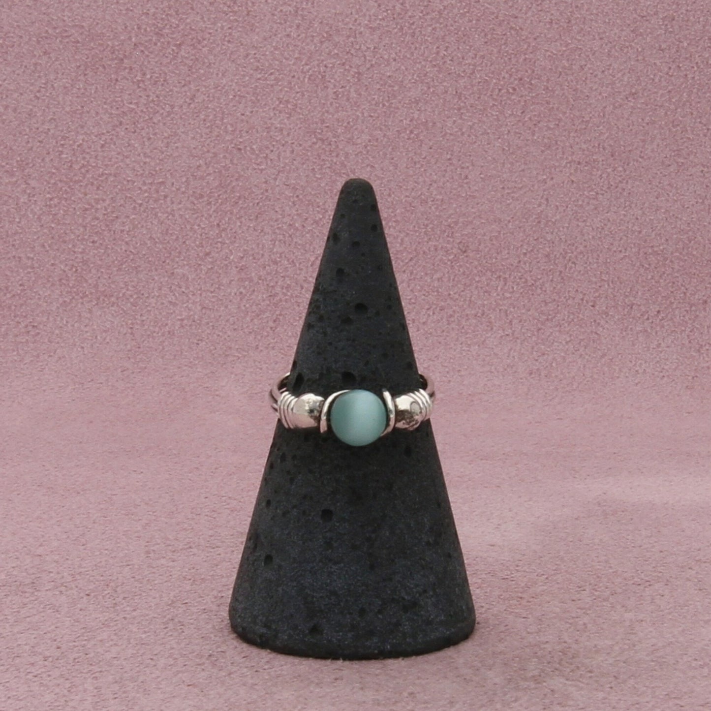 sterling silver wire wrapped blue cats eye bead ring size 5