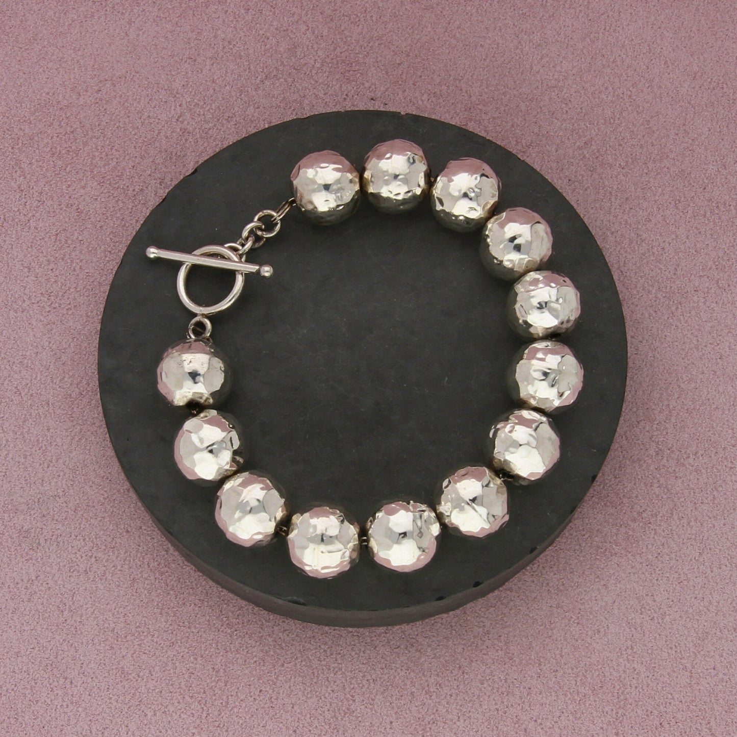sterling silver chunky hammered bead toggle bracelet size 7in