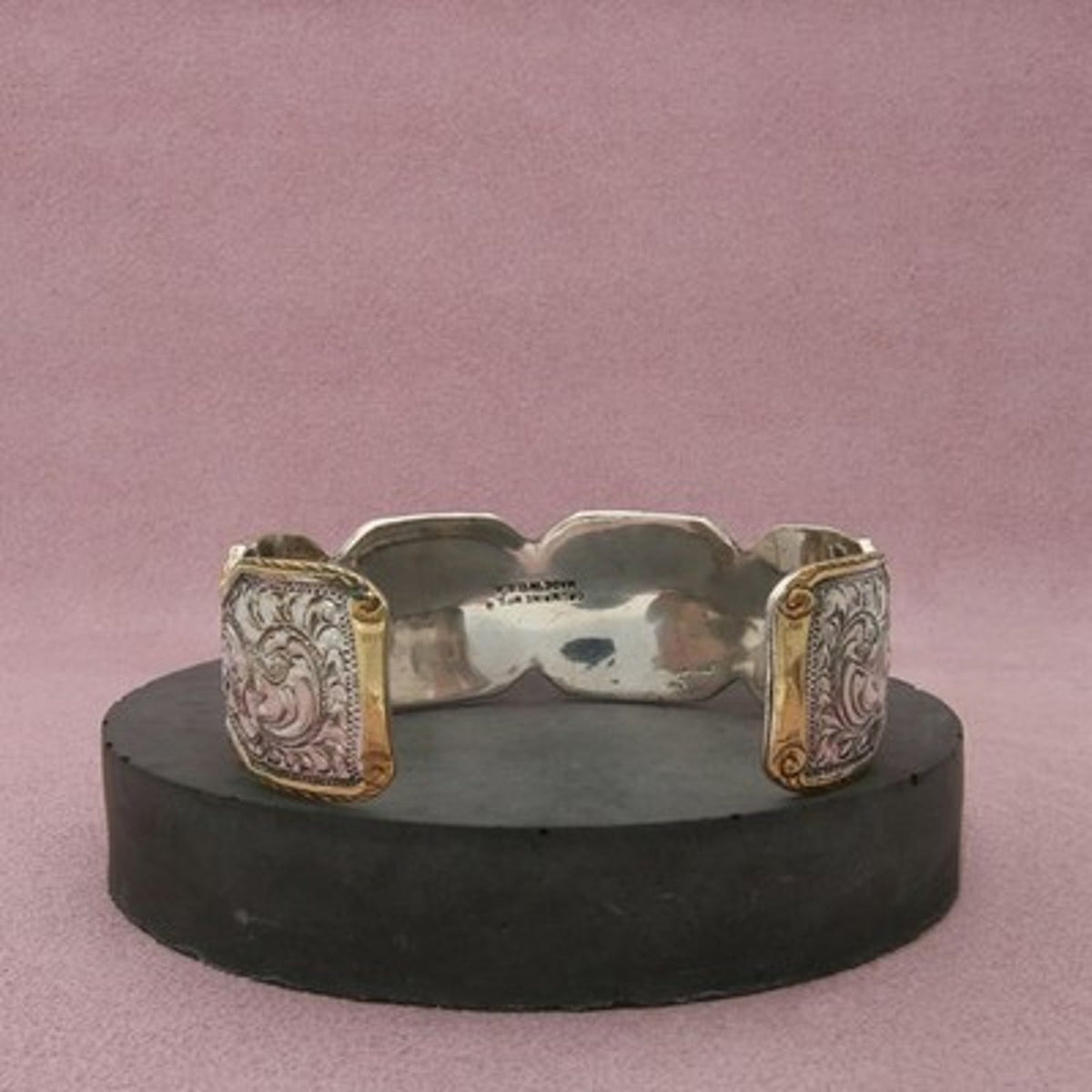 Crumrine Silver & Gold Plated Vintage Etched Floral Cuff Bracelet 6.75in
