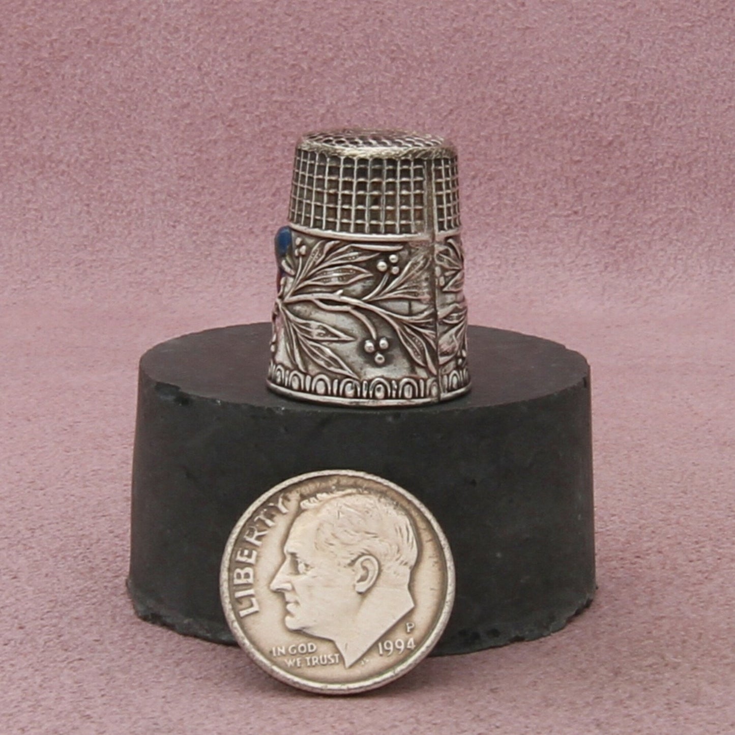 sterling silver vintage hand-painted blue bird sewing thimble