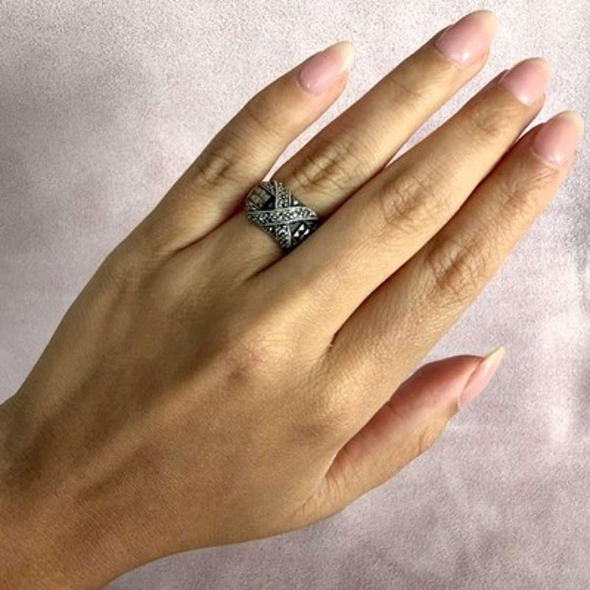 Sterling Silver Marcasite Studded X Dome Ring Size 5.5