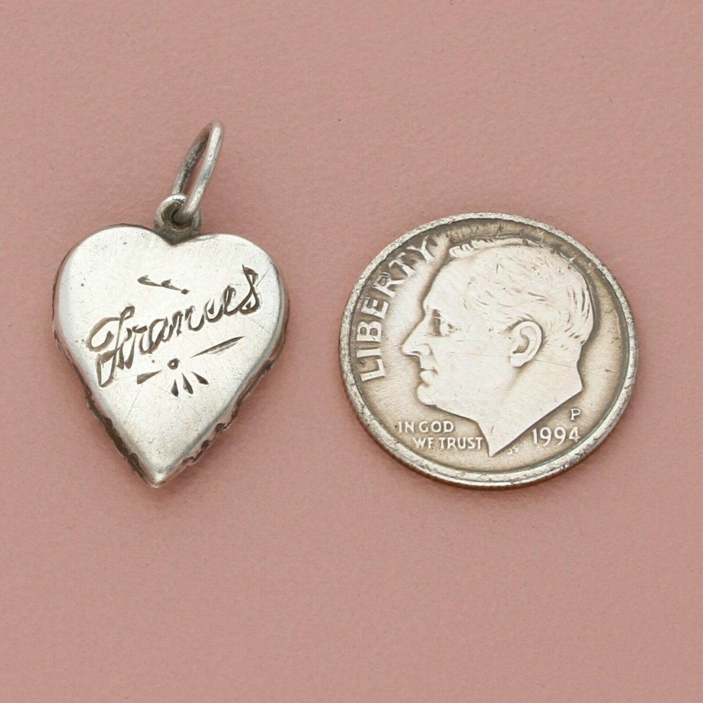 sterling silver vintage wwii engraved scroll sweetheart puffy heart charm