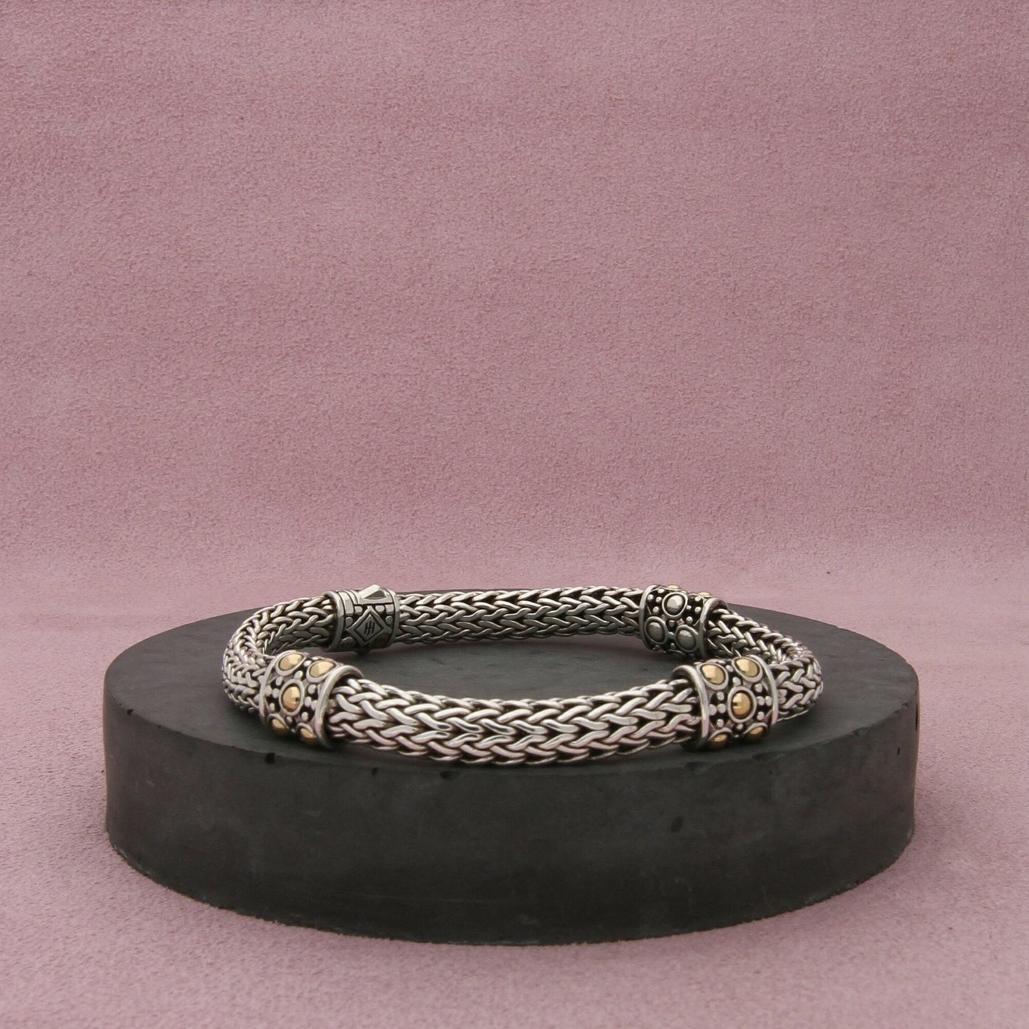 john hardy sterling silver & 18k gold dot four station bracelet 6.75in (med)