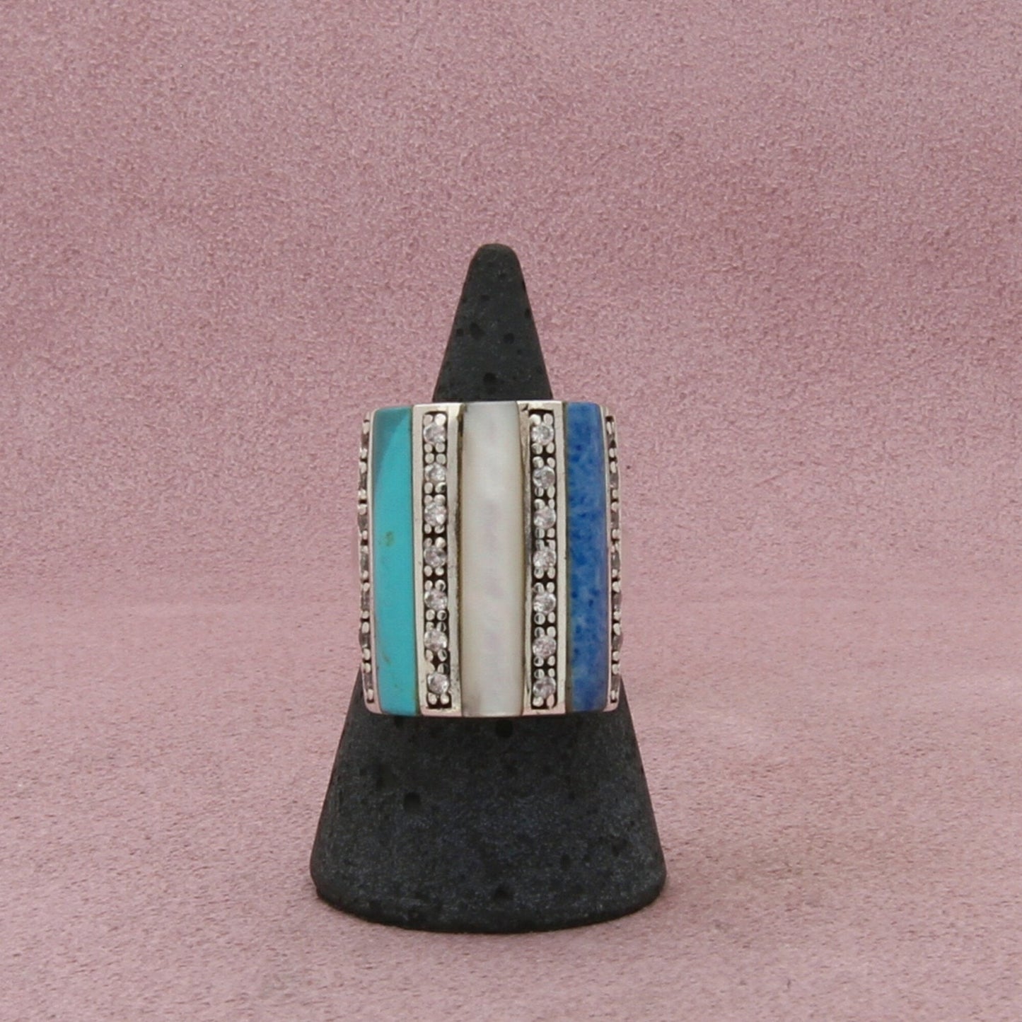 sterling silver elongated mother of pearl turquoise cz ring size 6.75
