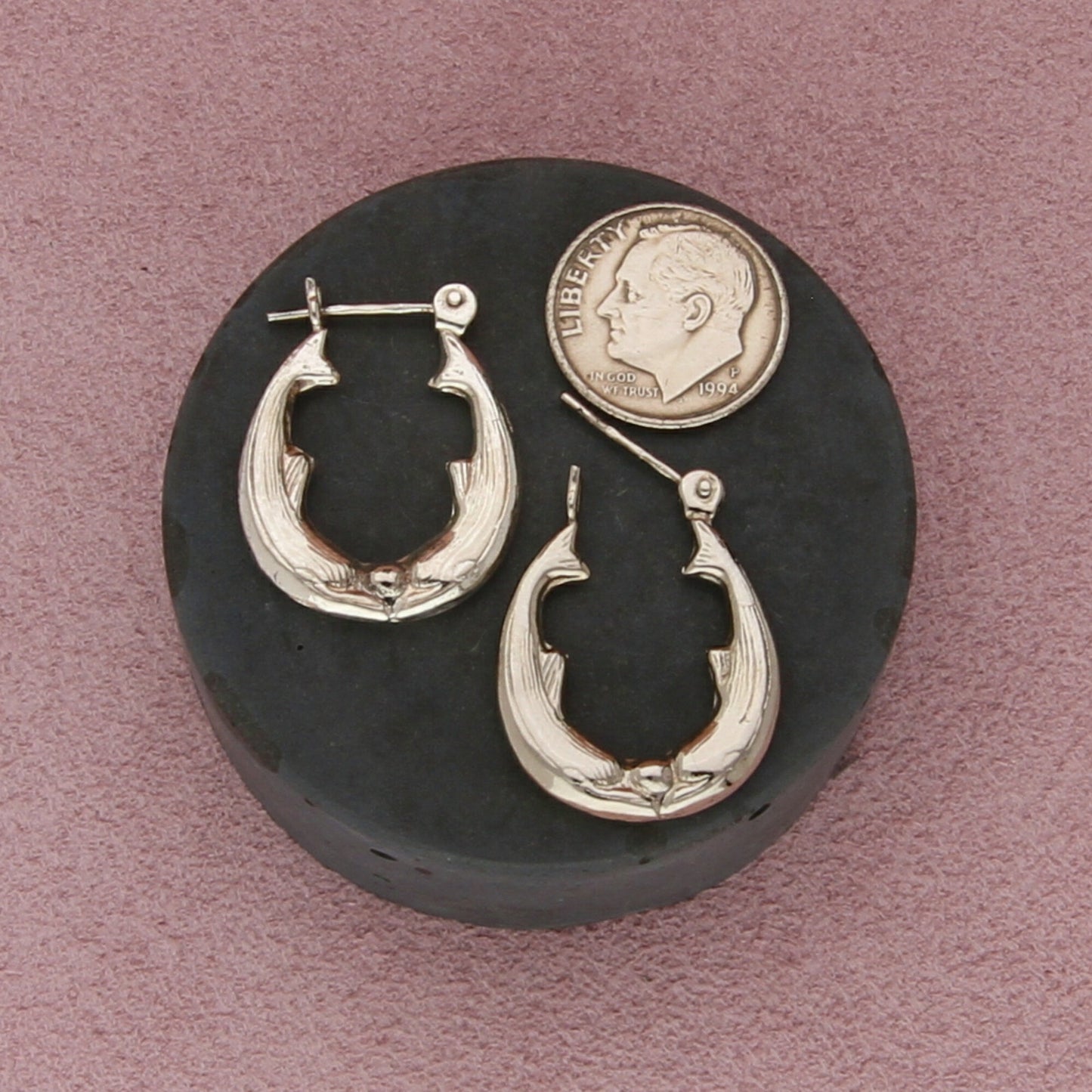sterling silver vintage kissing dolphins snap-post hoop earrings