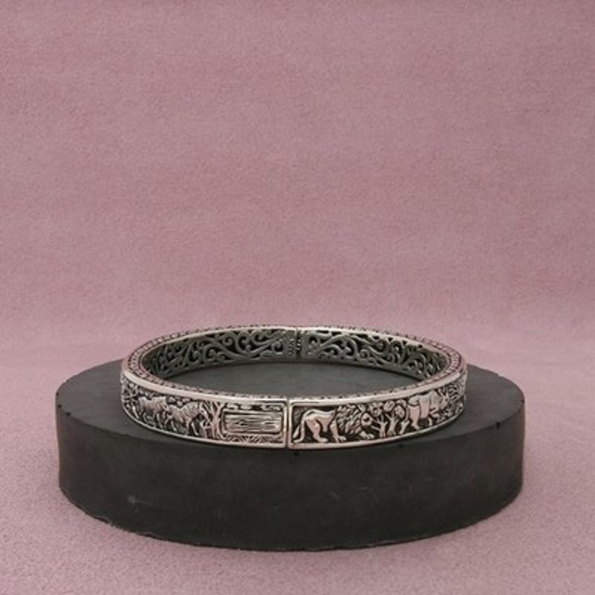 Sarda Sterling Silver Noah's Ark Animals Bali Hinged Bangle Bracelet Size 8in