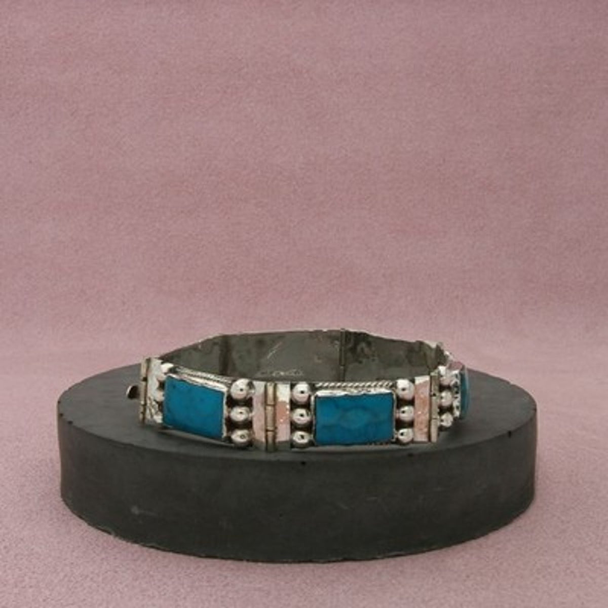 Mexico Sterling Silver Vintage Blue Turquoise Panel Beaded Bracelet Size 6.25in