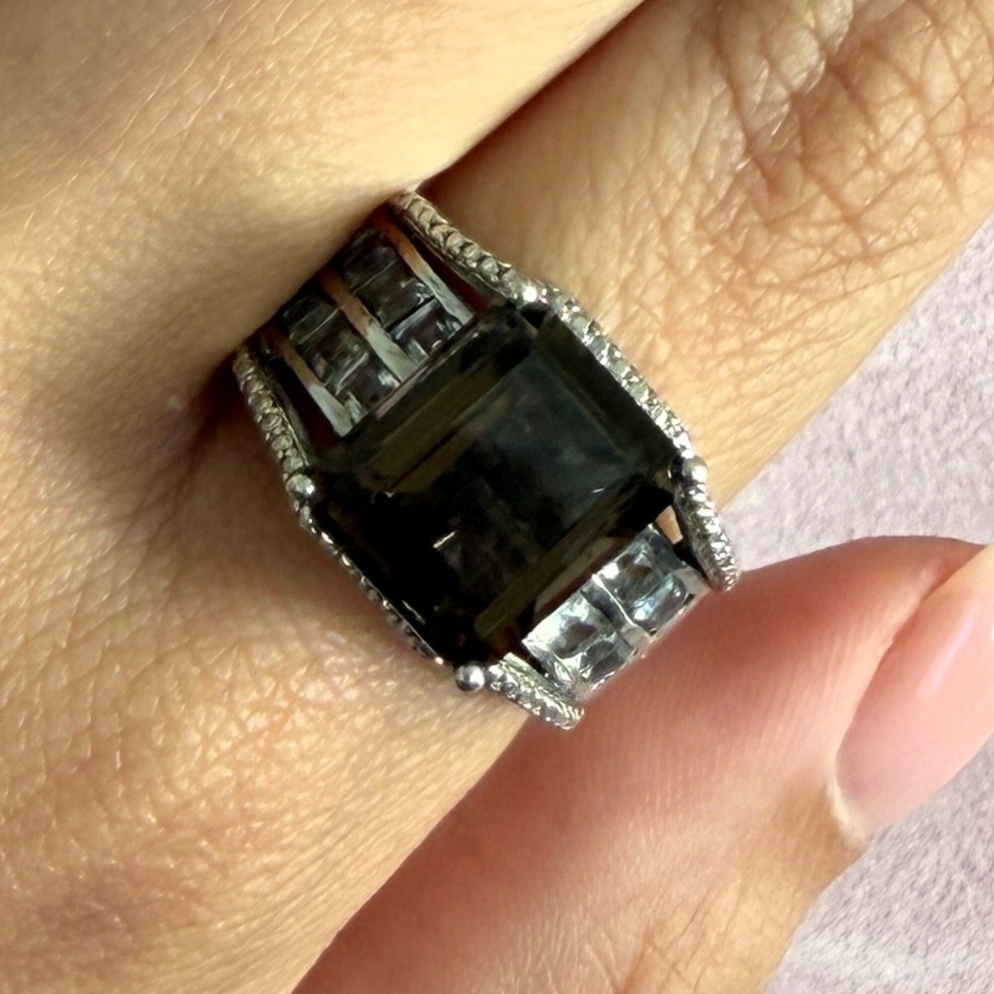 sterling silver emerald-cut smoky quartz & white topaz ring size 9